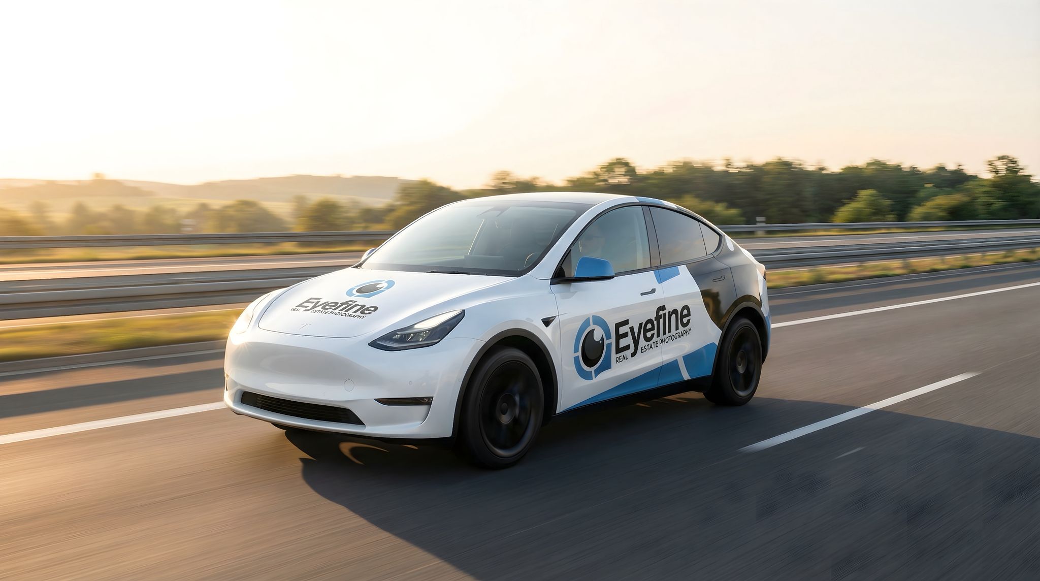 Tesla met Eyefine Media branding op weg.